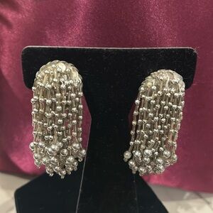 Vintage Silver Beaded Waterfall Clip on Earrings-Boutique